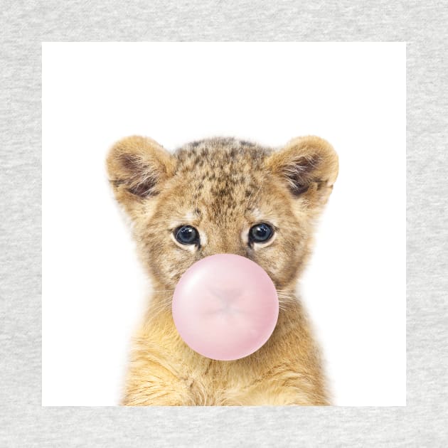 Baby Lion Blowing Bubble Gum, Pink Nursery, Baby Animals Art Print by Synplus by Synplus